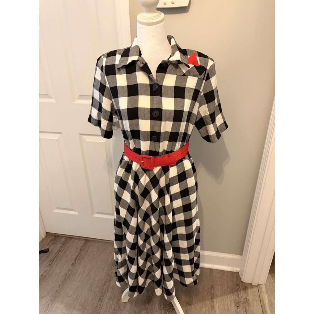 Vtg 80s Caron Chicago Black Gingham Midi Dress 8 Belted Rockabilly Pinup As Is
